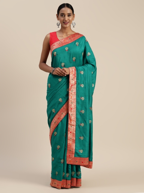 

Indian Women Green Embroidered Poly Silk Saree