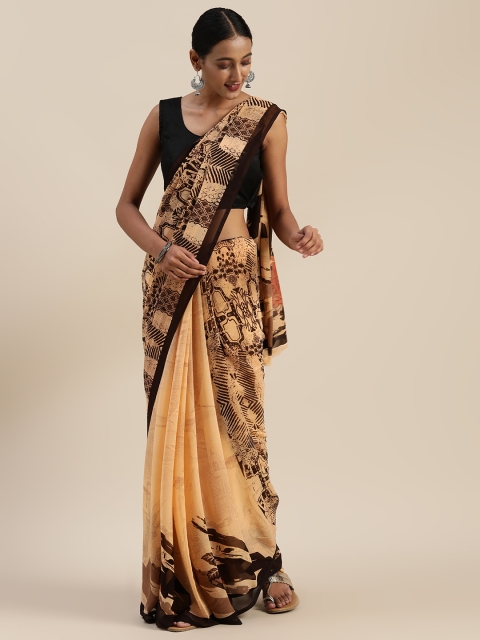 

Indian Women Peach-Coloured & Black Poly Georgette Printed Celebrity Saree