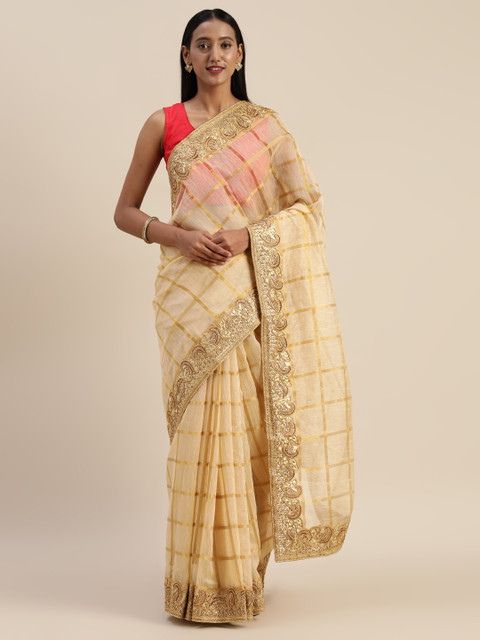 

Indian Women Cream-Coloured & Gold-Toned Jute Silk Checked Saree