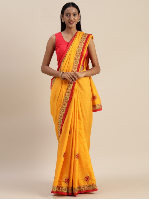 

Indian Women Yellow & Red Poly Silk Embroidered Saree