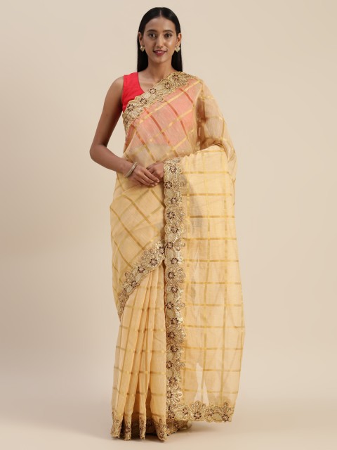 

Indian Women Cream-Coloured & Gold-Toned Jute Silk Checked Saree