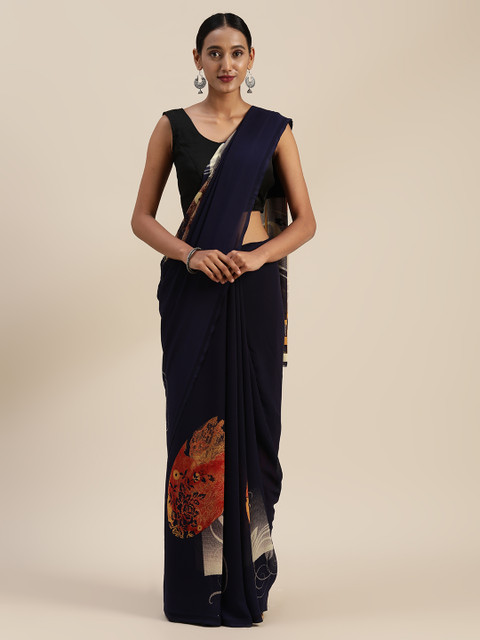 

Indian Women Navy Blue Printed Poly Georgette Celebrity Saree