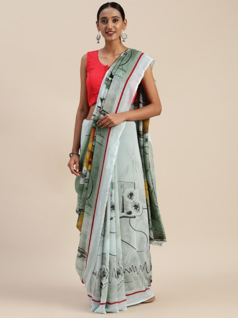 

Indian Women Off-White & Green Poly Georgette Printed Saree