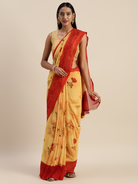 

Indian Women Yellow & Red Poly Georgette Floral Printed Saree