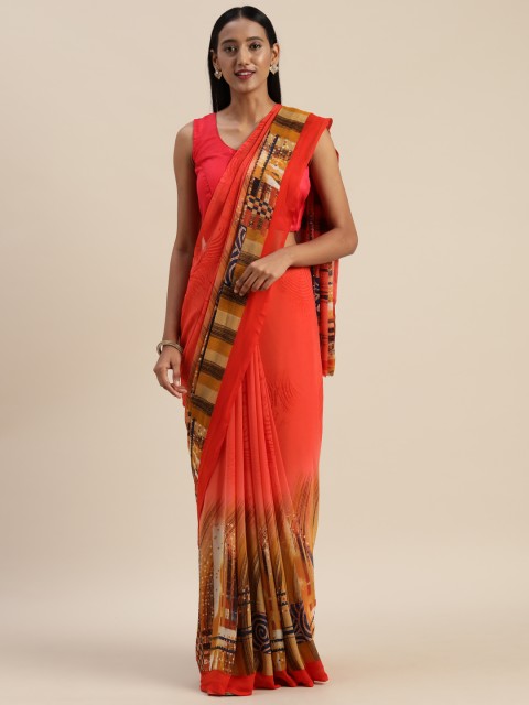

Indian Women Red & Brown Poly Georgette Printed Saree