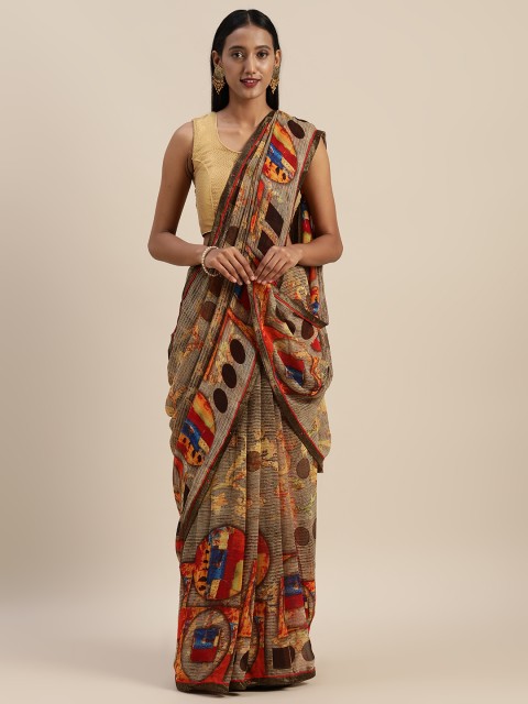 

Indian Women Beige & Red Poly Georgette Printed Saree