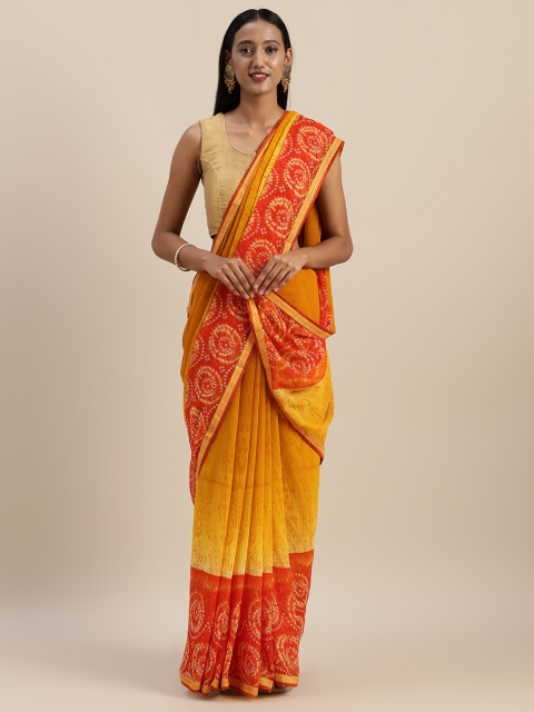 

Indian Women Mustard Yellow & Red Poly Georgette Printed Saree