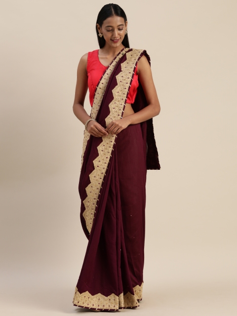 

Indian Women Burgundy & Cream-Coloured Poly Silk Solid Saree