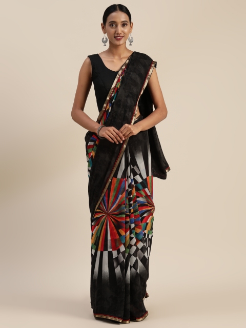 

Indian Women Black & Red Poly Georgette Printed Celebrity Saree