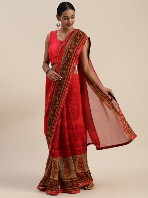 

Indian Women Red Printed Poly Georgette Saree