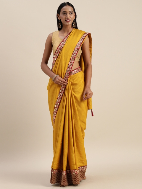 

Indian Women Mustard Yellow Solid Poly Silk Saree
