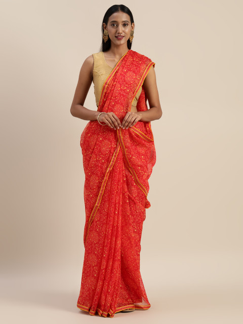 

Indian Women Red & Yellow Floral Printed Poly Georgette Saree