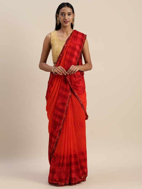 

Indian Women Red Floral Printed Poly Georgette Saree