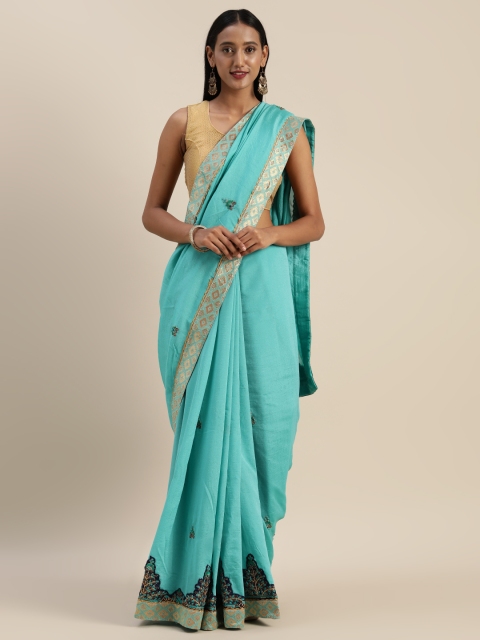 

Indian Women Turquoise Blue & Navy Blue Poly Silk Embroidered Saree