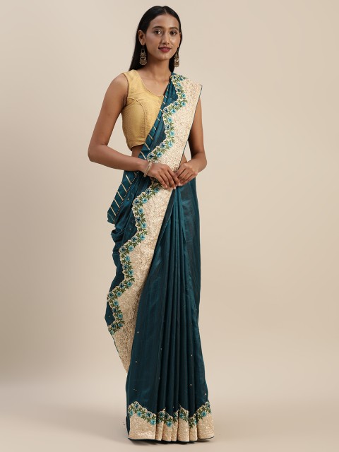

Indian Women Teal Blue & Beige Poly Silk Self-Striped Saree