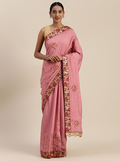 

Indian Women Pink Embroidered Poly Silk Saree