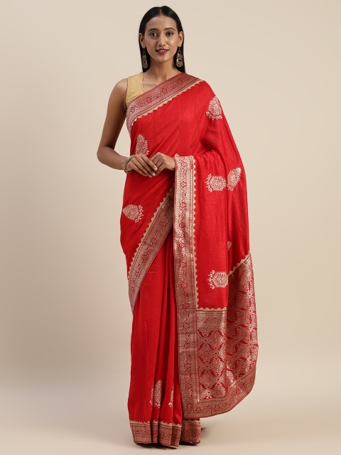 

Indian Women Red & Gold-Toned Poly Silk Embroidered Saree