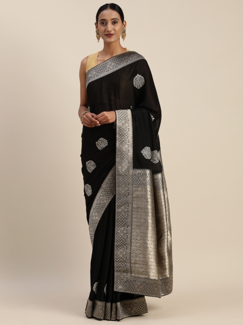 

Indian Women Black & Silver-Toned Poly Silk Embroidered Saree
