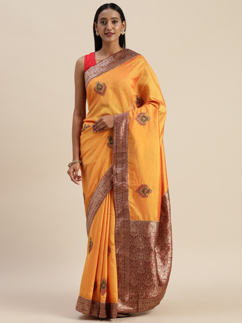 

Indian Women Mustard Yellow & Maroon Poly Silk Embroidered Saree