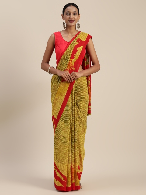 

Indian Women Mustard Yellow Floral Printed Poly Georgette Saree