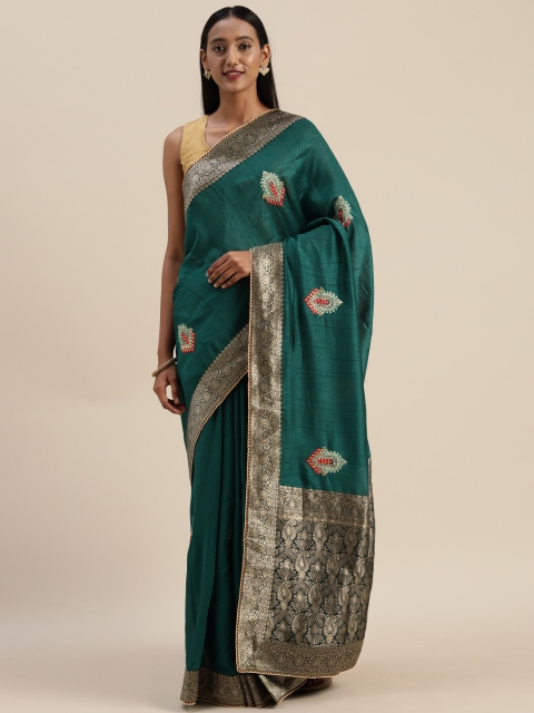 

Indian Women Teal Green Embroidered Poly Silk Saree