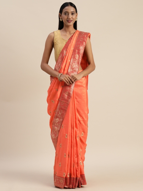 

Indian Women Orange & Red Printed Poly Silk Saree