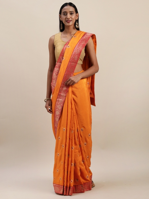

Indian Women Mustard Yellow & Gold-Toned Poly Silk Embroidered Saree