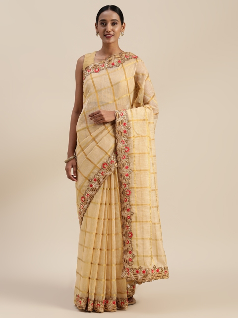 

Indian Women Gold-Toned Checked Jute Silk Saree