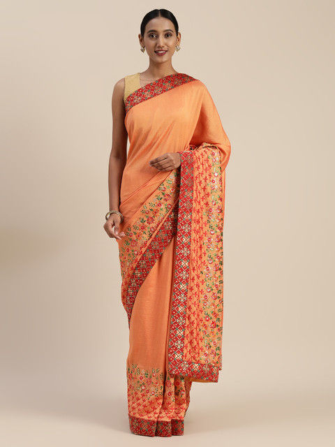 

Indian Women Orange Solid Poly Silk Saree