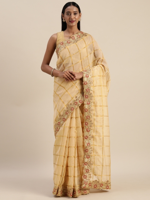 

Indian Women Cream-Coloured & Gold-Toned Jute Silk Checked Saree