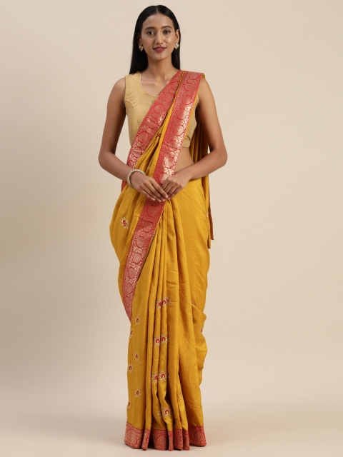 

Indian Women Mustard Yellow & Red Poly Silk Embroidered Saree