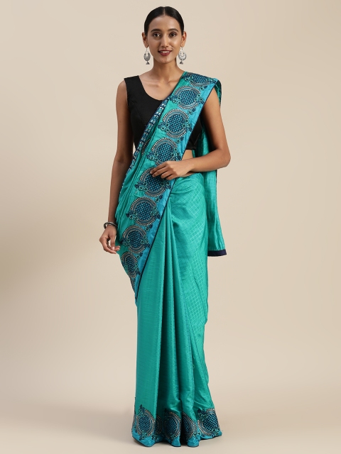 

Indian Women Teal Blue Checked Poly Silk Saree