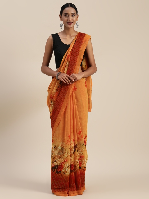 

Indian Women Mustard Yellow & Red Poly Georgette Printed Celebrity Saree