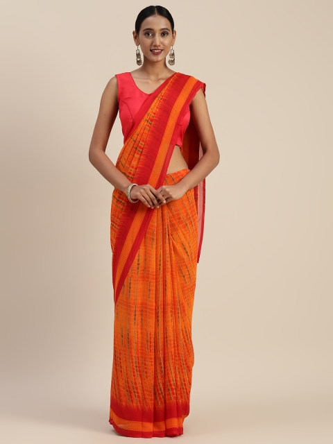 Indian Women Orange Abstract Printed Poly Georgette Saree
