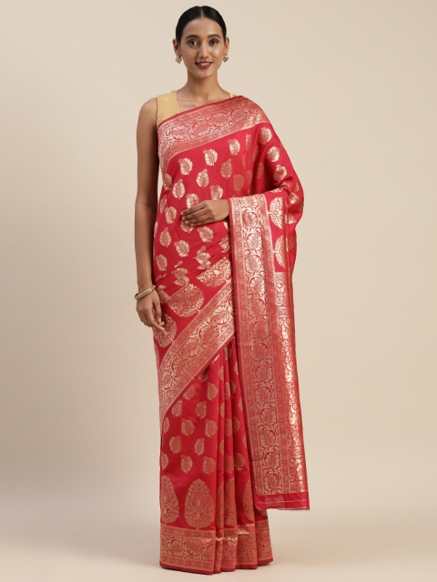 

Indian Women Red & Gold-Toned Poly Silk Woven Design Designer Saree