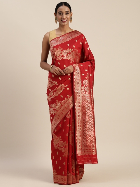 

Indian Women Red & Gold-Toned Poly Silk Woven Design Saree