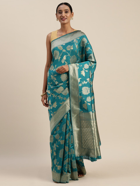 

Indian Women Teal Green & Gold-Toned Poly Silk Woven Design Designer Saree