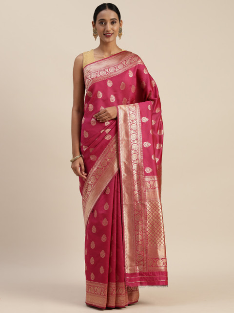 

Indian Women Pink & Gold-Toned Poly Silk Woven Design Designer Saree
