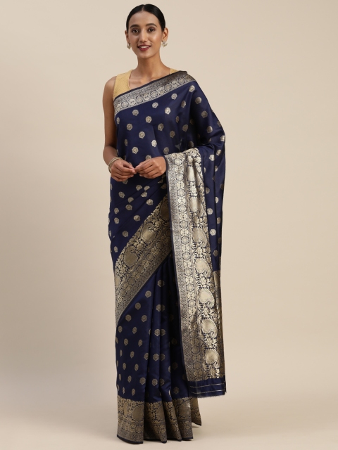 

Indian Women Navy Blue & Gold-Toned Poly Silk Woven Design Designer Saree