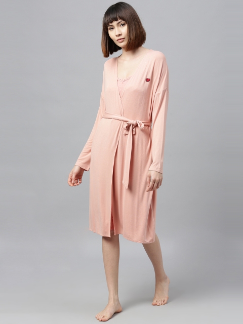 

Chemistry Peach-Coloured Solid Nightdress with Robe