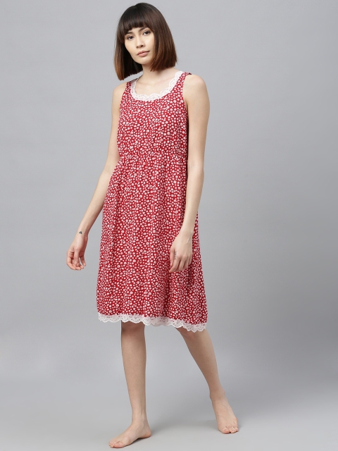 

Chemistry Red & White Printed Nightdress with Lace Inserts & Gathers