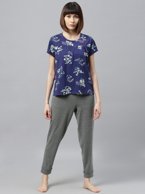 

Chemistry Women Blue Printed Top & Grey Melange Solid Pyjamas Night suit