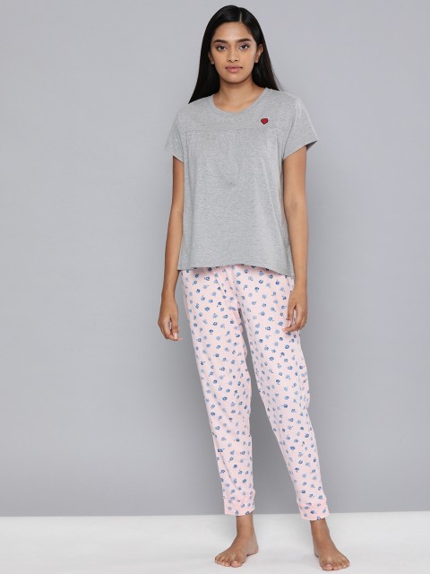 

Chemistry Women Grey Melange & Pink Printed Night suit
