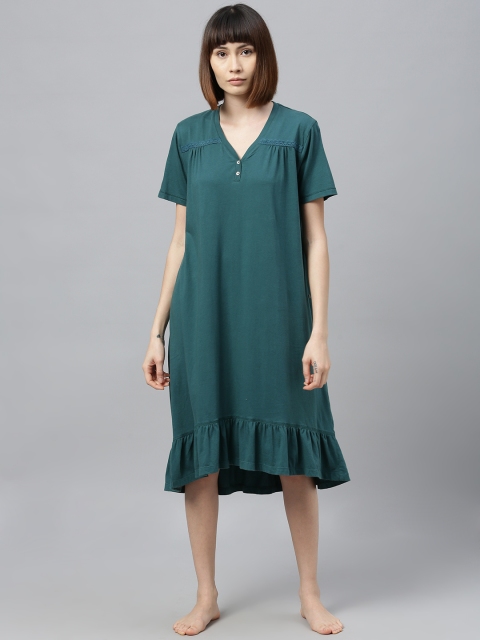 

Chemistry Teal Green Solid Nightdress with Gathers