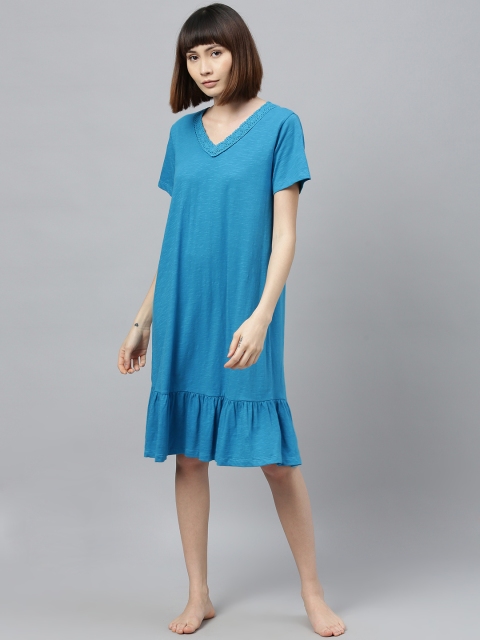 

Chemistry Blue Solid Nightdress with Lace Inserts