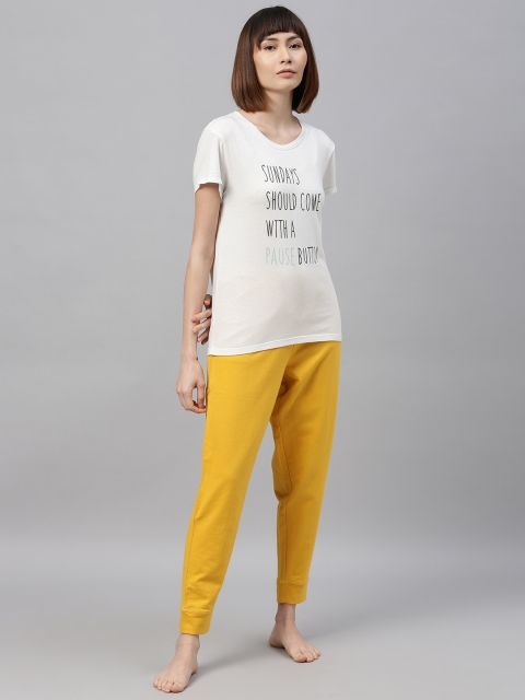 

Chemistry Women Off-White & Mustard Yellow Printed Night suit