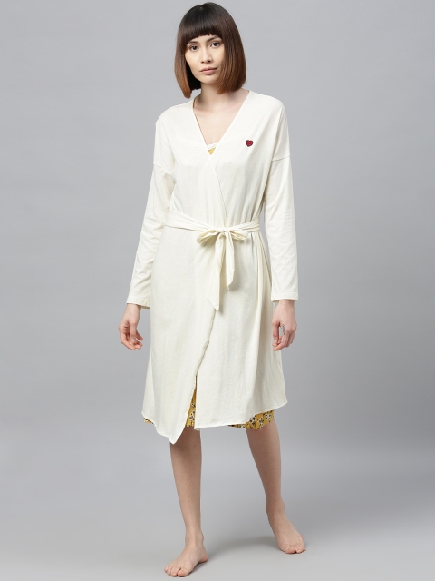 

Chemistry Off-White & Mustard Yellow Floral Printed Nightdress with Robe
