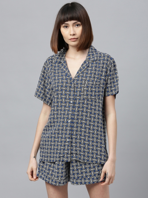 

Chemistry Women Black & White Printed Cuban Collar Night Suit