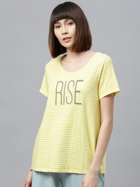 

Chemistry Women Yellow & White Striped Round Neck Lounge T-Shirt with Printed Detail