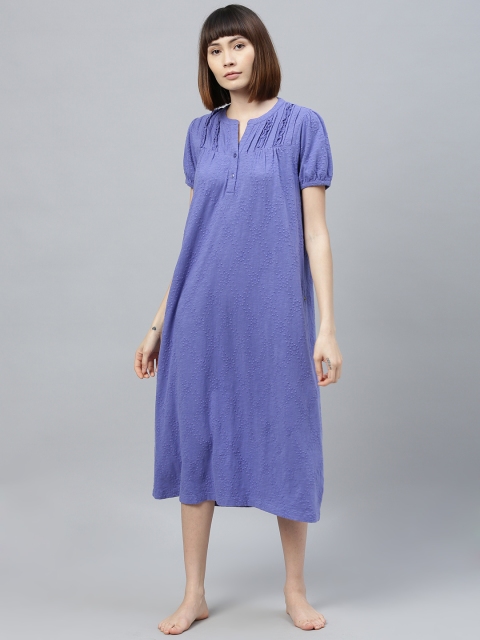 

Chemistry Purple Embroidered Puff Sleeved Nightdress with Pleats